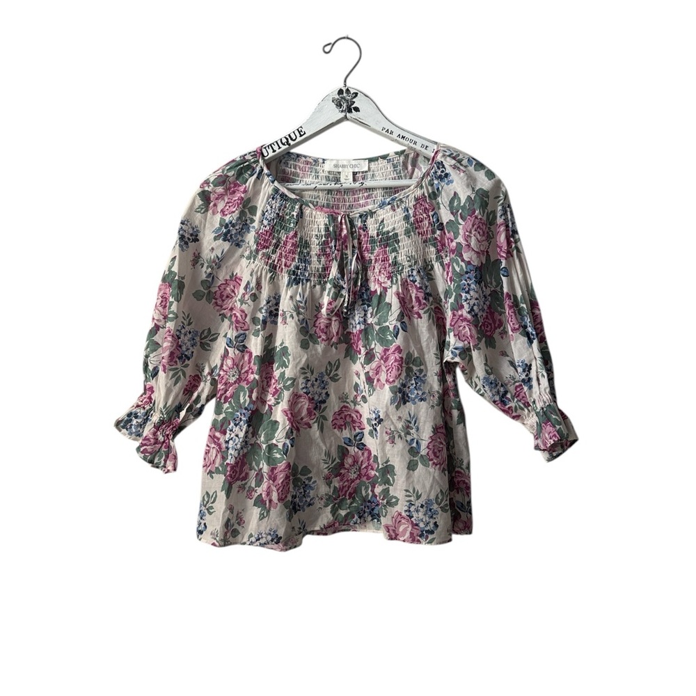 Shabby Chic Floral Smocked Peasant Blouse 100% Cotton Size S
